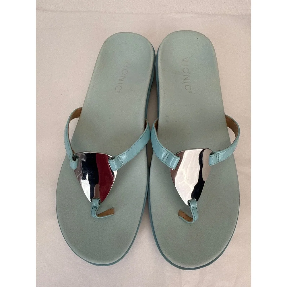 Vionic Raysa Sandals Womens 6.5 Light Blue Patent Leather Thong Orthotic Comfort